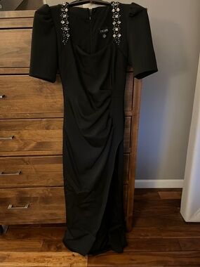 Xscape Black Maxi Gown with Jeweled Shoulder Embellishments